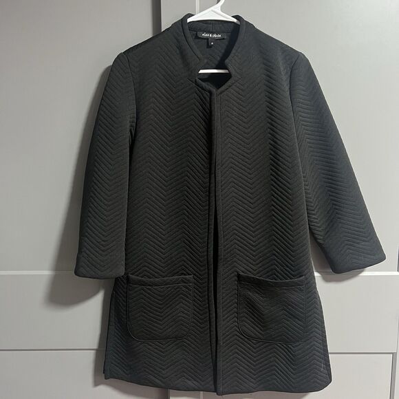 Alex & Olivia Women Herringbone Open Front Coat Black Medium Academia Pockets - Picture 1 of 7